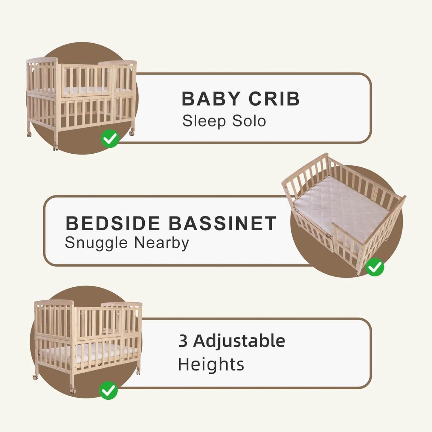 Flwrgirl Baby Bassinets Bedside Sleeper - Portable Pine Wood Bedside Bassinet with Mattress,3 Heights Small Mini Crib,Baby Crib for Newborns,Unpainted | Pine Wood Bassinet, Mattress Included, 3-IN-1 Convertible, Adjustable Height, Locking Wheels, Portalbe