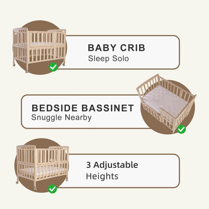 Flwrgirl Baby Bassinets Bedside Sleeper - Portable Pine Wood Bedside Bassinet with Mattress,3 Heights Small Mini Crib,Baby Crib for Newborns,Unpainted | Pine Wood Bassinet, Mattress Included, 3-IN-1 Convertible, Adjustable Height, Locking Wheels, Portalbe