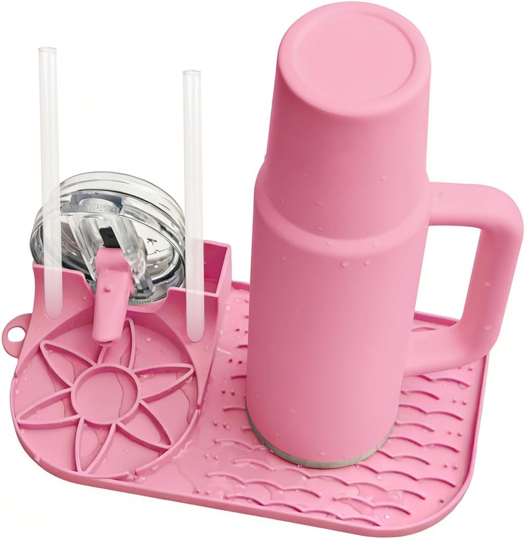 Bottle Drying Rack, Draining Mat for Stanley Tumblers20-40oz, Mugs, Wine Glasses, Compact Portable Cup Dryer Stand for Countertops, Office, RVs & Travel (Crystal Pink)