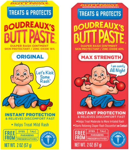 Boudreaux’s Butt Paste Diaper Rash Ointment, Baby Rash Cream Skin Protectant, Fast Relief, Soothing Barrier Cream, Original, Maximum Strength, 2 Ounce Tube (Variety Pack of 2)