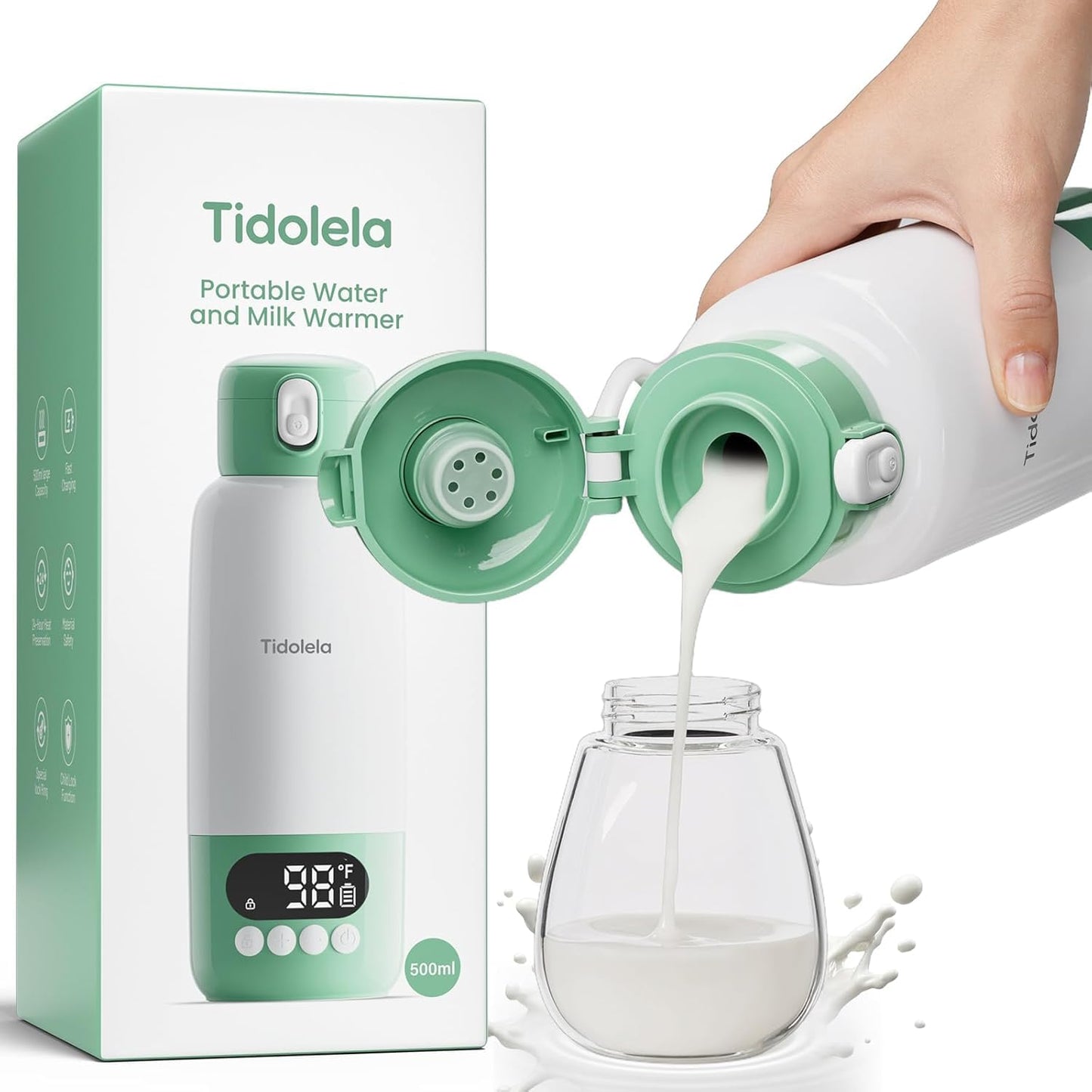 Portable Bottle Warmer for Travel, Fast Heating in 2 Mins, Dual Heating for Breastmilk & Water, Long Battery Life, 6 Temp Settings with Keep Warm, Built-in Sterilizer, 17oz (Green)