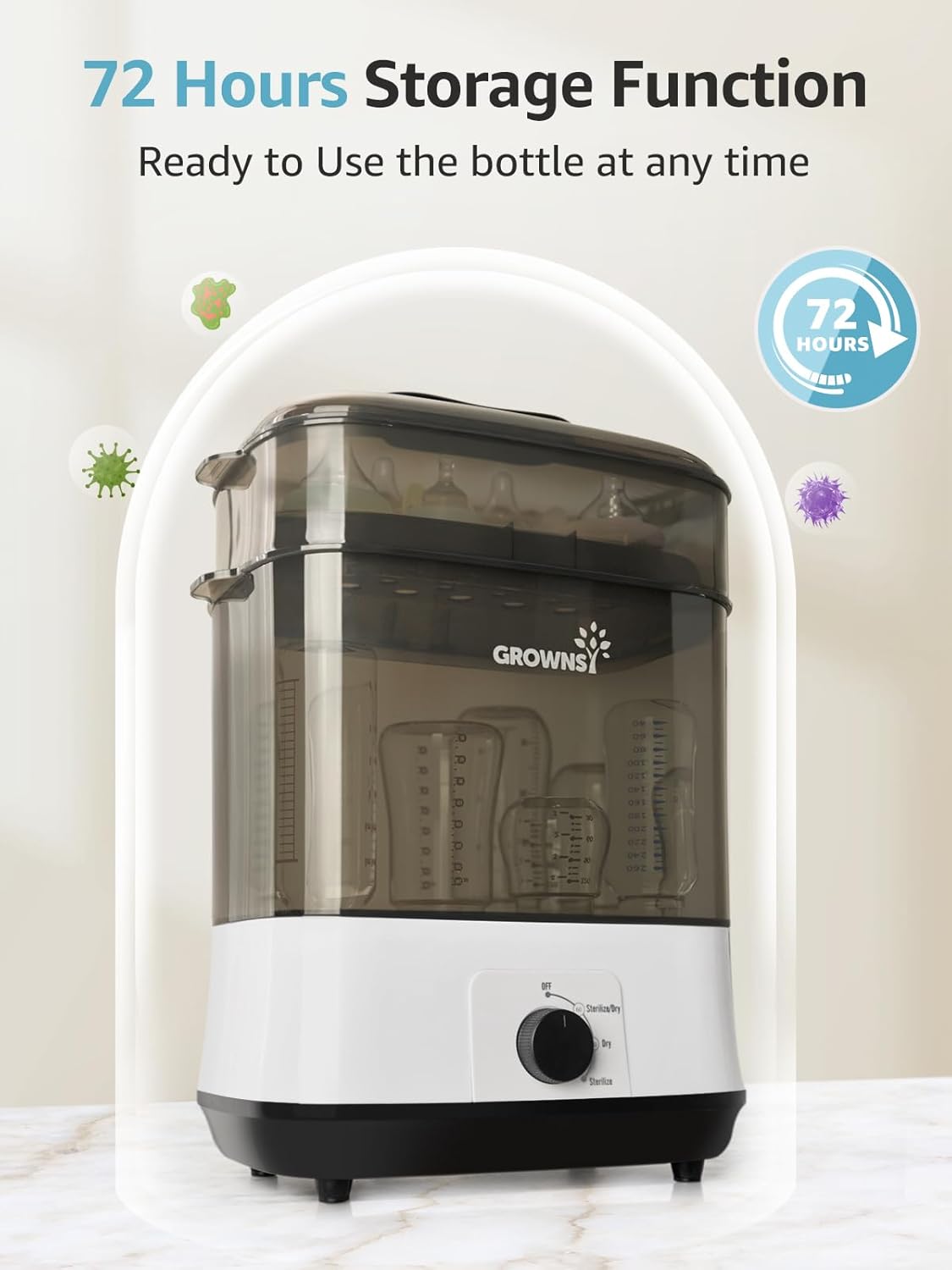 Grownsy Adjustable 4 in 1 Large Bottle Sterilizer and Dryer, 8 Bottles Capacity,Electric Steam Baby Bottle Sterilizer, Sanitizer for Baby Bottles & Pacifiers, Breast Pump Parts
