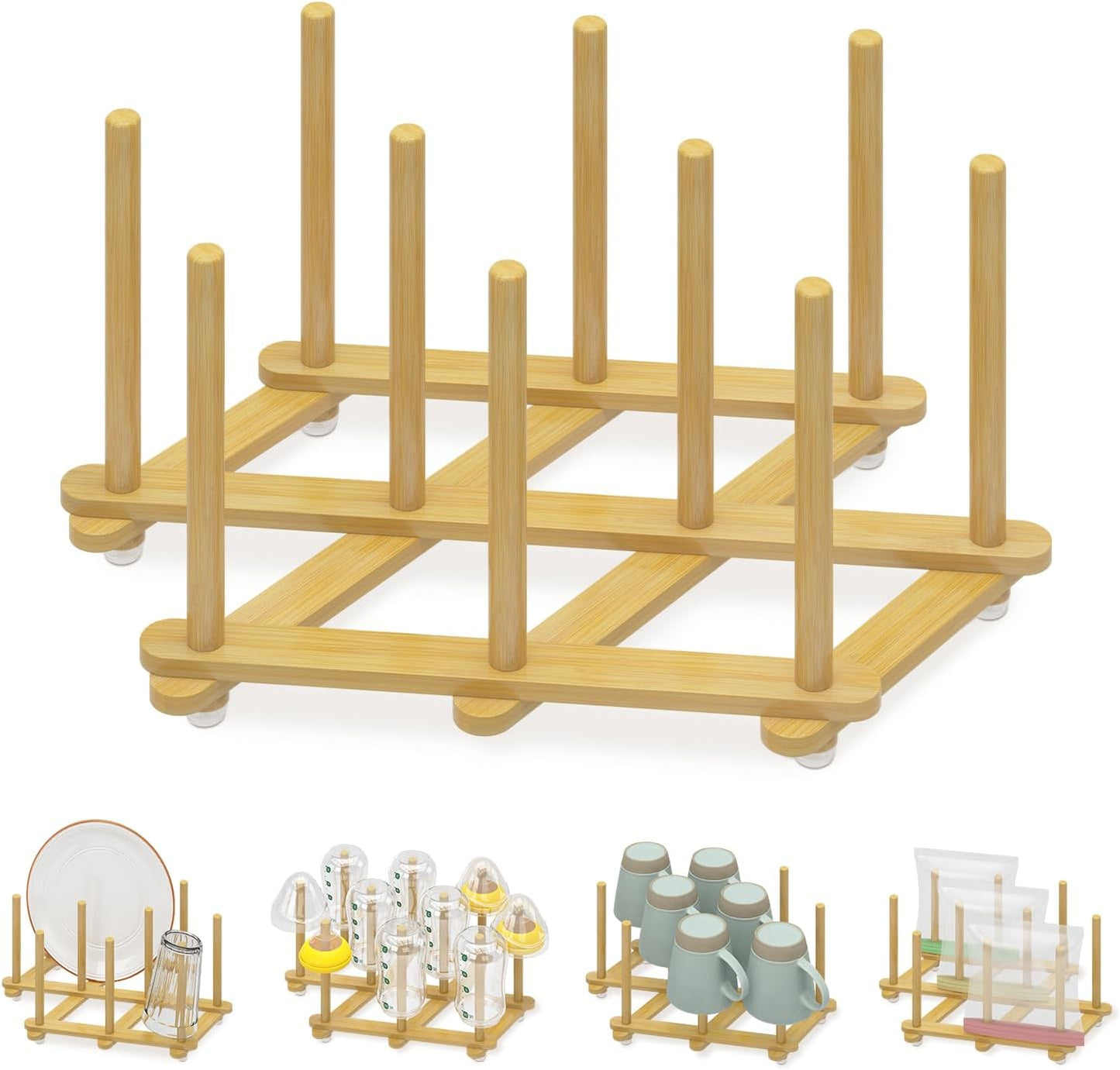 EsLuker.ly Baby Bottle Drying Rack Bamboo Vertical Dryer Holder, Space Saving for 12 Milk Glass Bottle Countertop, Wooden Drain Stand Shelf for New Parents