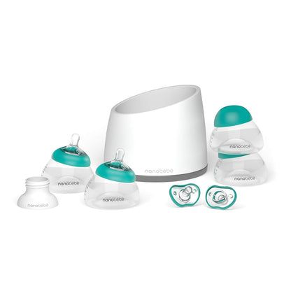 Nanobebe Breastmilk Baby Bottle Anti-Colic Starter Set with Silicone Pacifiers, Breast Pump Adapter, and Slow Flow Nipples - 5 oz - Teal/Grey