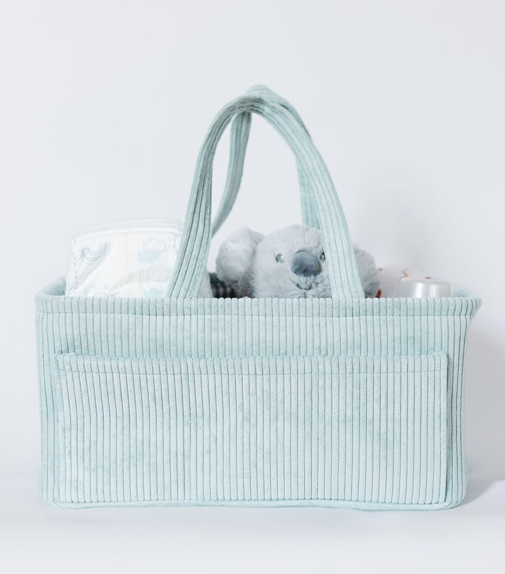 Diaper Caddy Organizer - Mint Curdoroy Baby Storage Bin for Nursery & Car | Baby Shower Basket & registry Essential