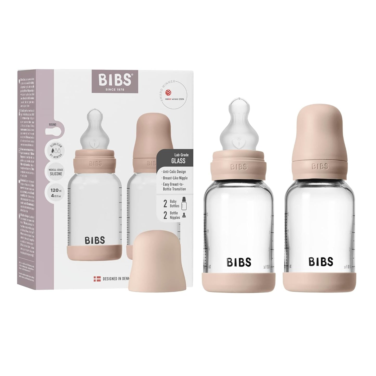 BIBS Glass Baby Bottles 2-Pack, 4 Oz. Anti-Colic System for Gas Reduction. Vented Round Silicone Nipple. Supports Infant and Newborn Breastfeeding - 120 ml (Pack of 2), Sage