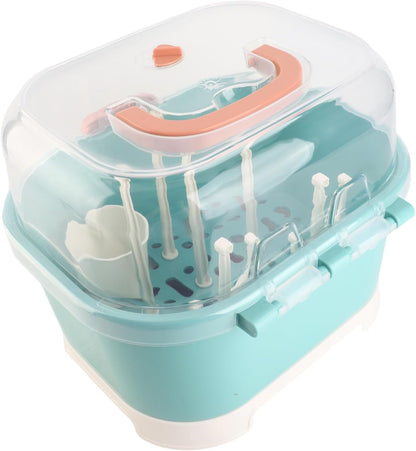 Baby Bottle Drain Rack, Feeding Cup Holder, Portable Large Capacity Toddler Bottles Storage Box with Lid Cover, Multifunctional Anti Dust Cutlery Storage Drying Rack for Teats, (Purple)