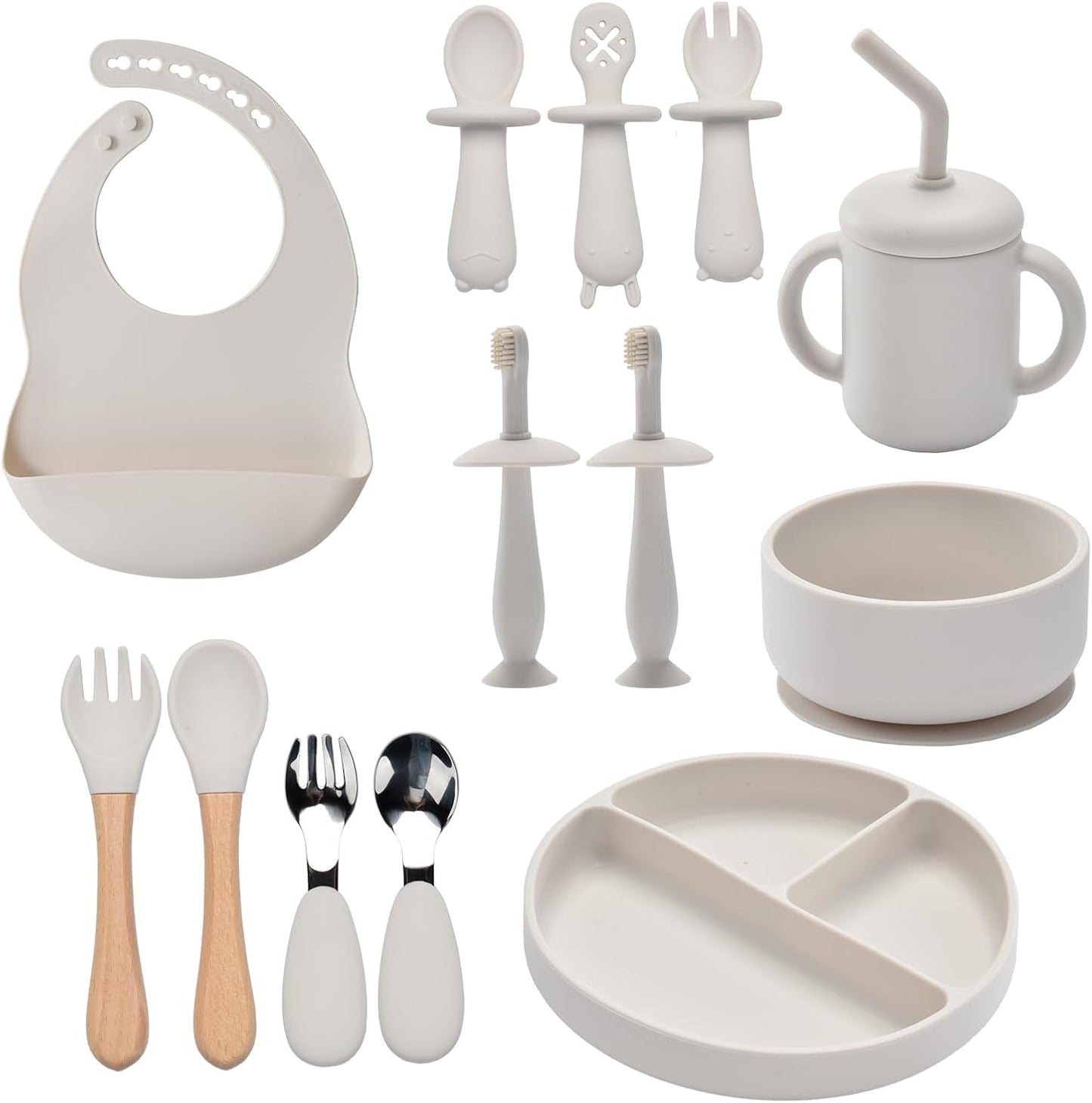 Silicone Feeding Set, 13PCS Baby Feeding Essentials with Suction Bowl & Plate, Spoons & Forks, Bib & Cup, Toothbrush, Baby Led Weaning Supplies for 6+ Months, Eating Essentials (Blue)