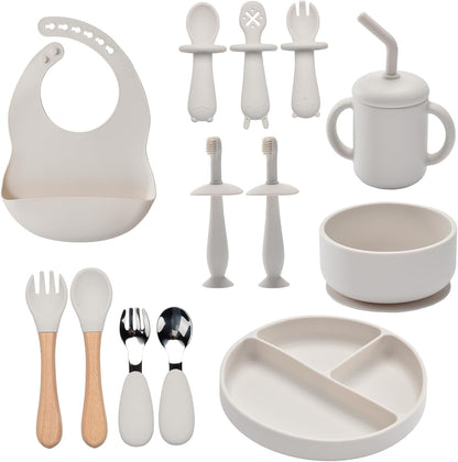 Silicone Feeding Set, 13PCS Baby Feeding Essentials with Suction Bowl & Plate, Spoons & Forks, Bib & Cup, Toothbrush, Baby Led Weaning Supplies for 6+ Months, Eating Essentials (Blue)