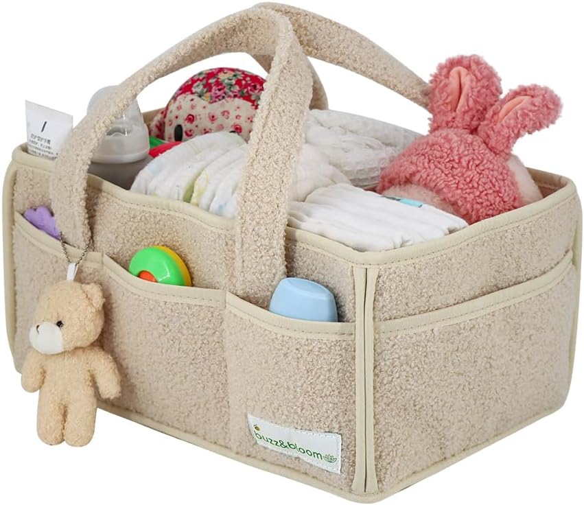 Buzz&Bloom Baby Teddy Diaper Caddy Organizer, Stylish Storage Basket for Newborn Essentials and Diaper Station, Gift for Baby Shower and Registry Must-Have (Beige)