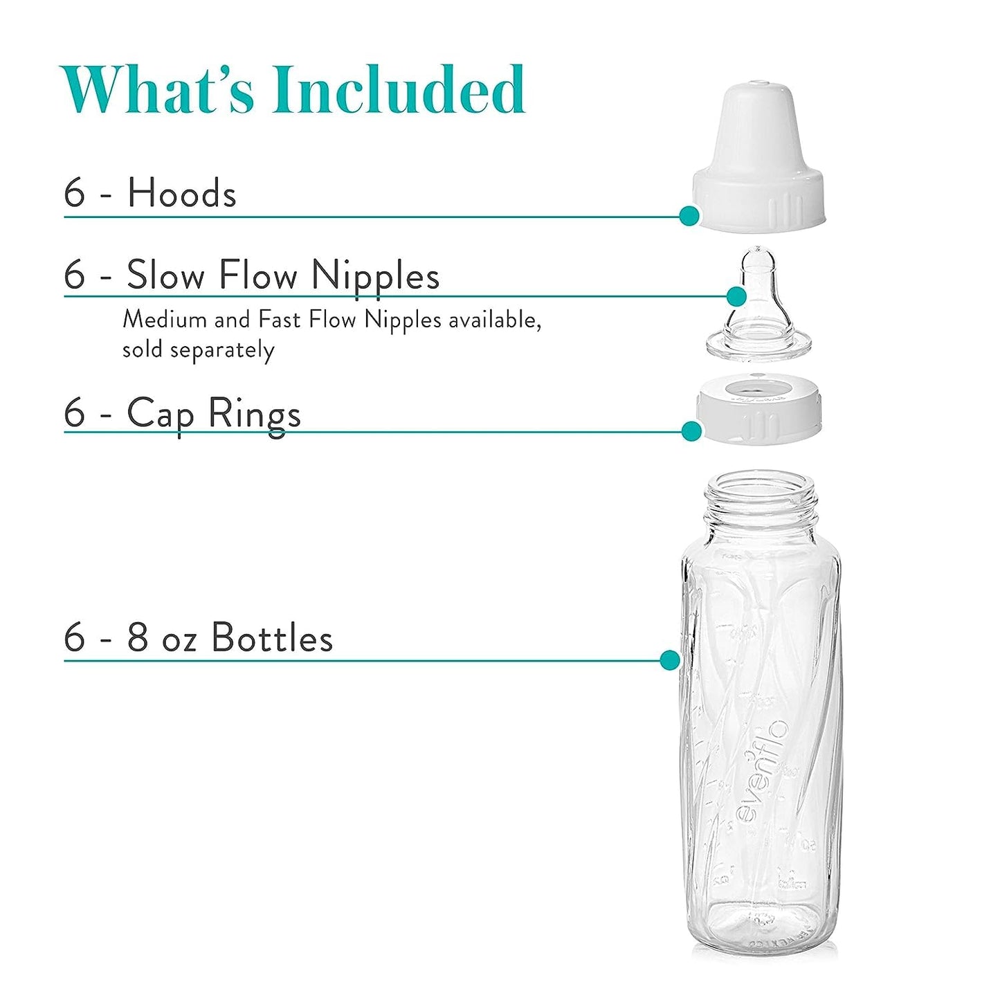 Evenflo Feeding Classic Glass Bottle, Twist Bottles, 8 Oz, 6 Bottles