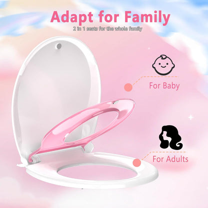 Aünsffer Toddler Toilet Seat with Potty Training Seat Round 16.5inch, 2 in 1 Toilet Seat for Family Built-in Baby Seat Removable, Soft Close + Easy Clean, PP Safe Material, Pink