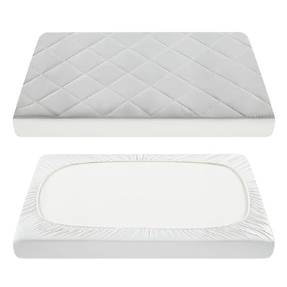 TILLYOU Pack and Play Sheets Pad - Waterproof Play Yard Playpen Sheets Pad, Soft Quilted Sheets with 1''-3'' Deep Pocket, Breathable and Fluffy, 39"x27",Light Grey
