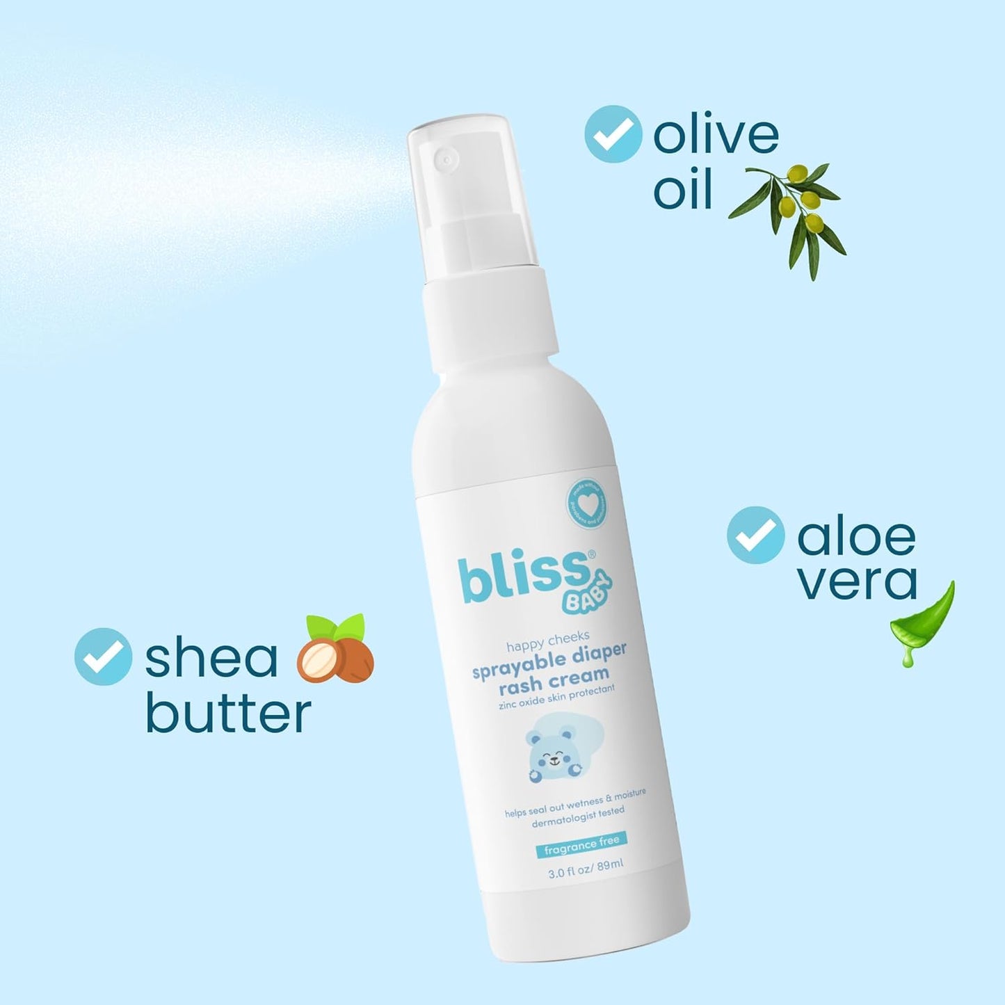 Bliss Baby Diaper Rash Cream Spray - Fragrance-Free, No Touch & Mess-Free, Treats, Soothes & Prevents Diaper Rash, Zinc Oxide, Dermatologist Tested, Vegan, Organic Aloe Vera, Shea Butter & Olive Oil
