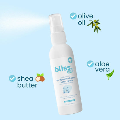 Bliss Baby Diaper Rash Cream Spray - Fragrance-Free, No Touch & Mess-Free, Treats, Soothes & Prevents Diaper Rash, Zinc Oxide, Dermatologist Tested, Vegan, Organic Aloe Vera, Shea Butter & Olive Oil