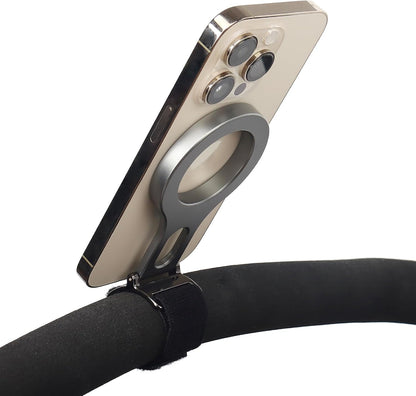 Magnetic Phone Holder for Stroller Bar, Compatible with MagSafe (Strong Magnet) - 180° Adjustable for Gym, Home Fitness Bikes, Shopping Cart, with Adjustable Strap, All Phone (Magnetic Ring Included)