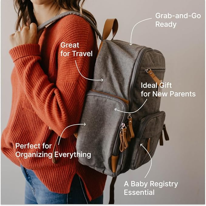 Parker Baby Diaper Backpack - Full Zip Diaper Bag with Insulated Pockets - Gray