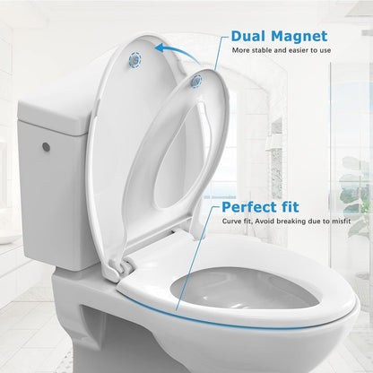 Elongated Toilet Seat with Built in Potty Training Seat, Potty Training Toilet Seat for Toddlers, Magnetic Kids Seat and Cover, Slow Close and Never Loosen, Fits both Adult and Child, White, 19"