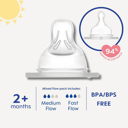 MAM Baby Bottle Nipple Mixed Flow Pack, Fast Flow Size 3 & Extra Fast Flow Size 4, Newborns 4+ Months, Skin Soft BPA Free Silicone, 94% Nipple Acceptance, Fits All MAM Bottles, 4 Pack, Made in Europe