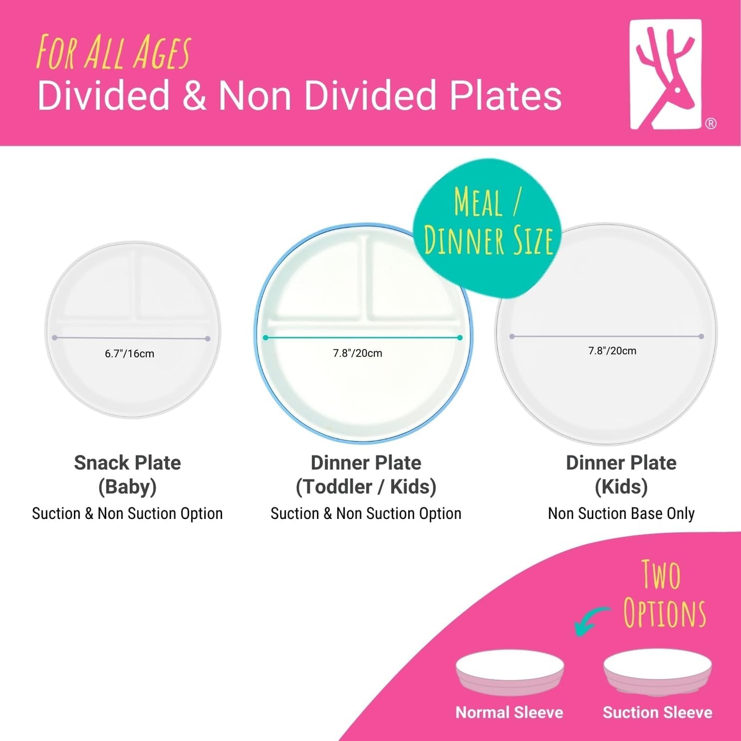 Elk and Friends Kids 7.8” Porcelain Divided Plates with Silicone Sleeves | Suitable for Babies/Kids/Toddlers | Microwave & Dishwasher Safe | Non Slip | Snack Dishes