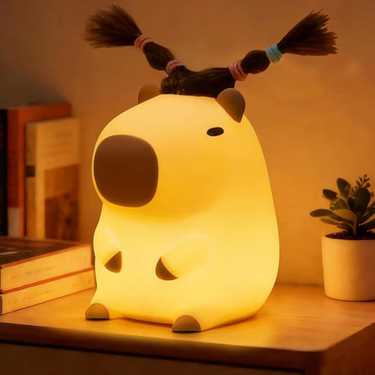 Cute Capybara Night Light with DIY Hairstyle ,Squishy Silicone Lamp, Nursery Nightlight for Kids, Rechargeable Touch Bedside Lamp, Bedroom Decor, Baby Boys Girls,White Elephant Gifts,Funny Xmas Gifts