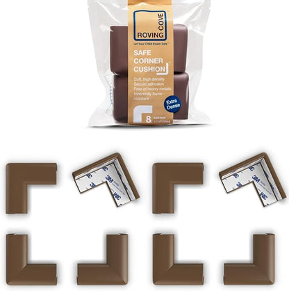 Roving Cove Slimfit Corner Protector for Baby Proofing (8 Small Corners), Soft Rubber Foam Furniture Corner Bumper Guards, 3M Adhesive Pre-Taped, Coffee Brown