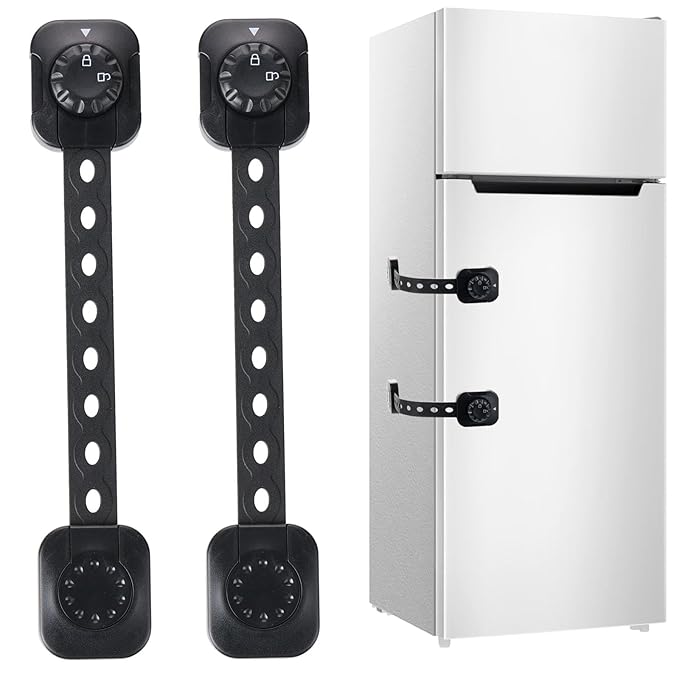 Cabinet Locks Baby Proofing, Child Safety Drawer Locks -Adjustable Child Safety Strap Locks Adhesive Baby Door Latch for Fridge Toilet Oven No Drill Furniture Kitchen Lock Black 2Pack
