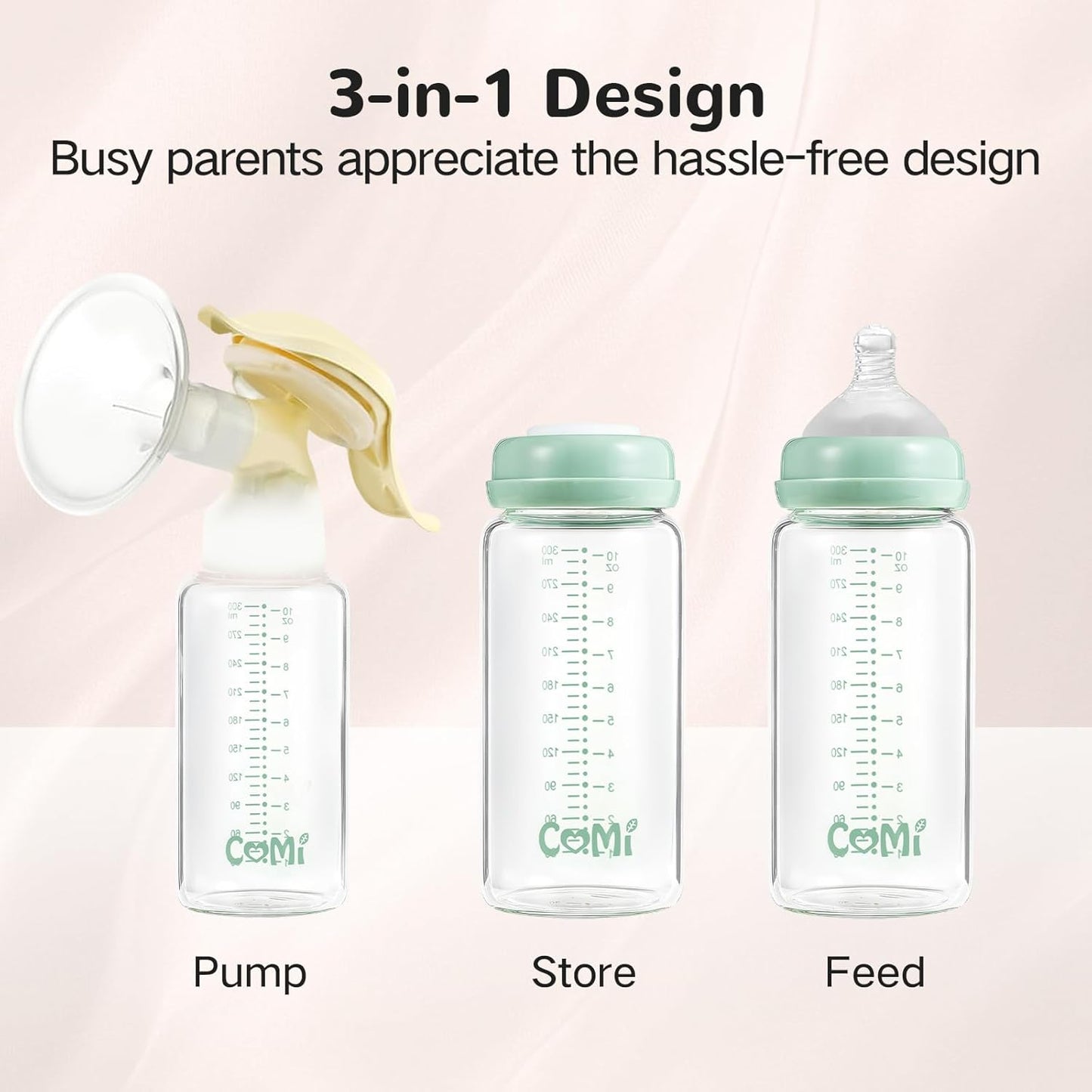 COMI Wide Neck Glass Breastmilk Collection n Storage Bottle, 4 Packs,10oz with Screw Ring Sealing Disk,Re-markable Sealing Disc,BPA Free,Fits Breast Pumps&Nipples(4 Green Lids)