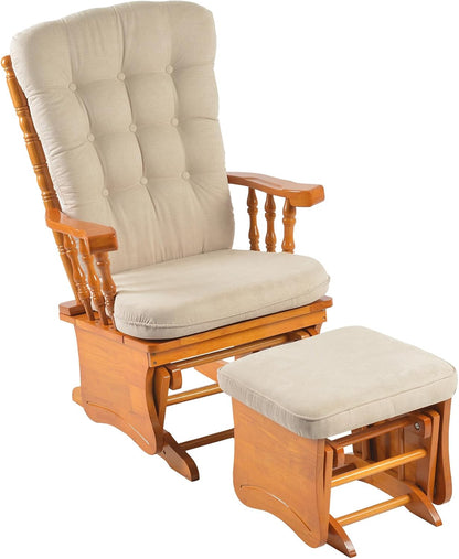 Glider Rocking Chair with Ottoman Set, Solid Wood Nursery Glider Rocker with Padded Cushion, High Back Upholstered Swivel Glider for Living Room, Nursing, Reading, 280LBS Weight Capacity,Oak+Khaki