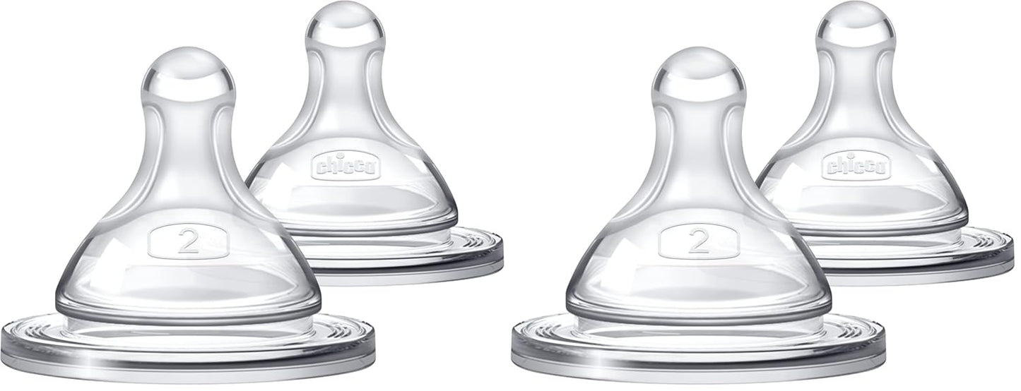 Chicco Duo Glass-Lined Baby Bottle Intui-Latch Nipple with Anti-Colic Valve, Stage 2 Medium Flow for Babies 3+ Months, 100% Silicone with Skin-Like Texture, Breast-Like Shape & Flow, 2-Pack