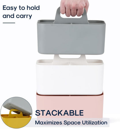 Multiuse Caddy Organizer with Handle, Portable Divided Plastic Tote Bin - Art Craft, Stationary Pen Marker Crayons, Makeup Hair Supplies Storage - Bathroom, Classroom, Dorm, Office, Desk Holder - Pink