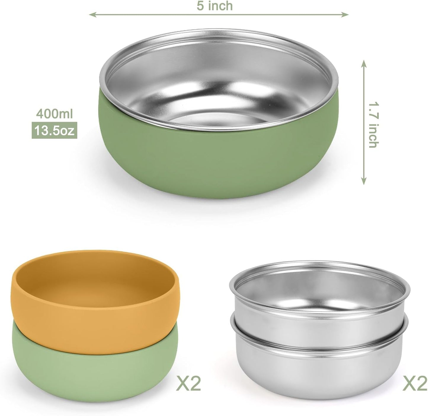 ShineMe Stainless Steel Bowls, 6 pack Snack Containers with Removable Colorful Silicone Sleeves, Unbreakable Kids Bowls for Icecream, Soup, Cereal, Yogurt...
