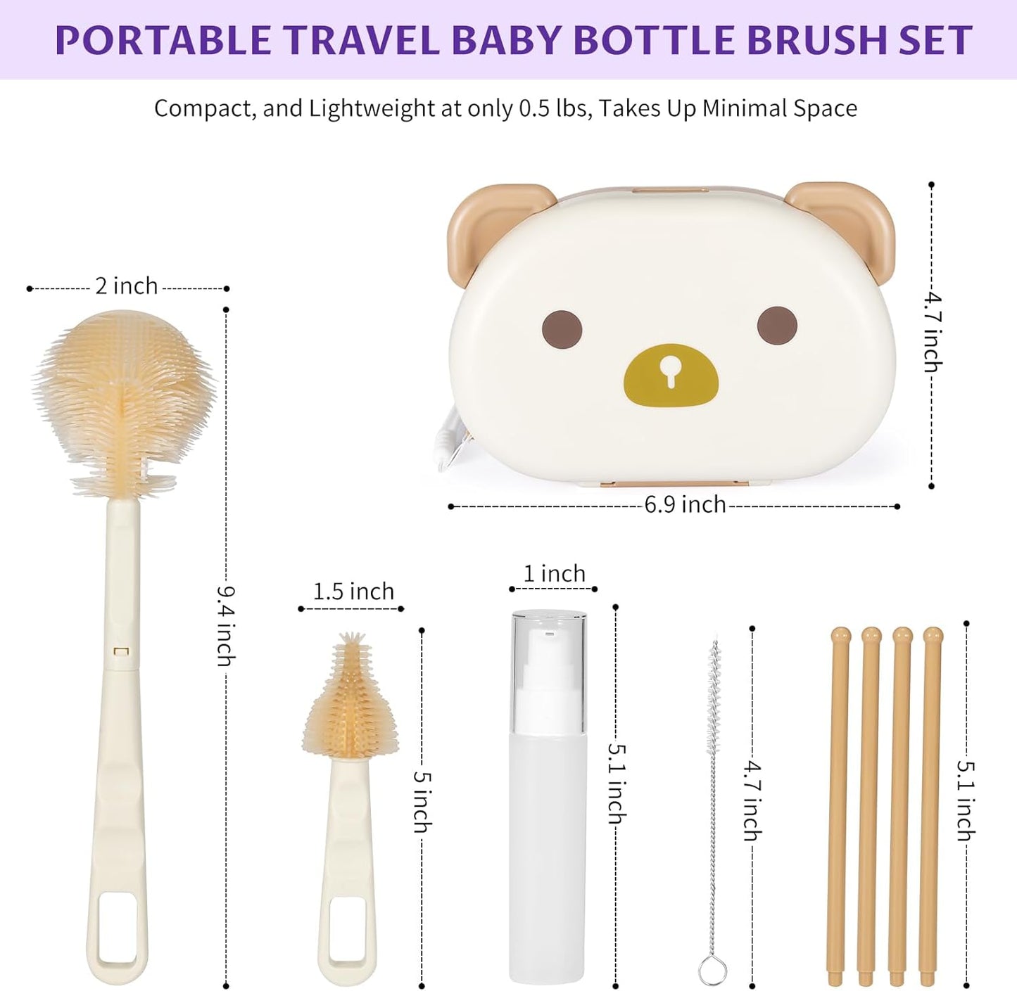 VOOWO Baby Bottle Brush & Drying Rack, Portable Travel Kit - Silicone Bottle & Nipple Brush Set, Straw Cleaner (Purple)