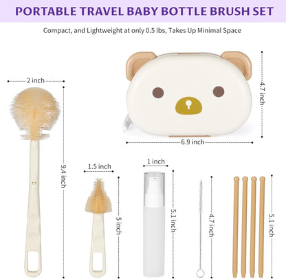 VOOWO Baby Bottle Brush & Drying Rack, Portable Travel Kit - Silicone Bottle & Nipple Brush Set, Straw Cleaner (Purple)