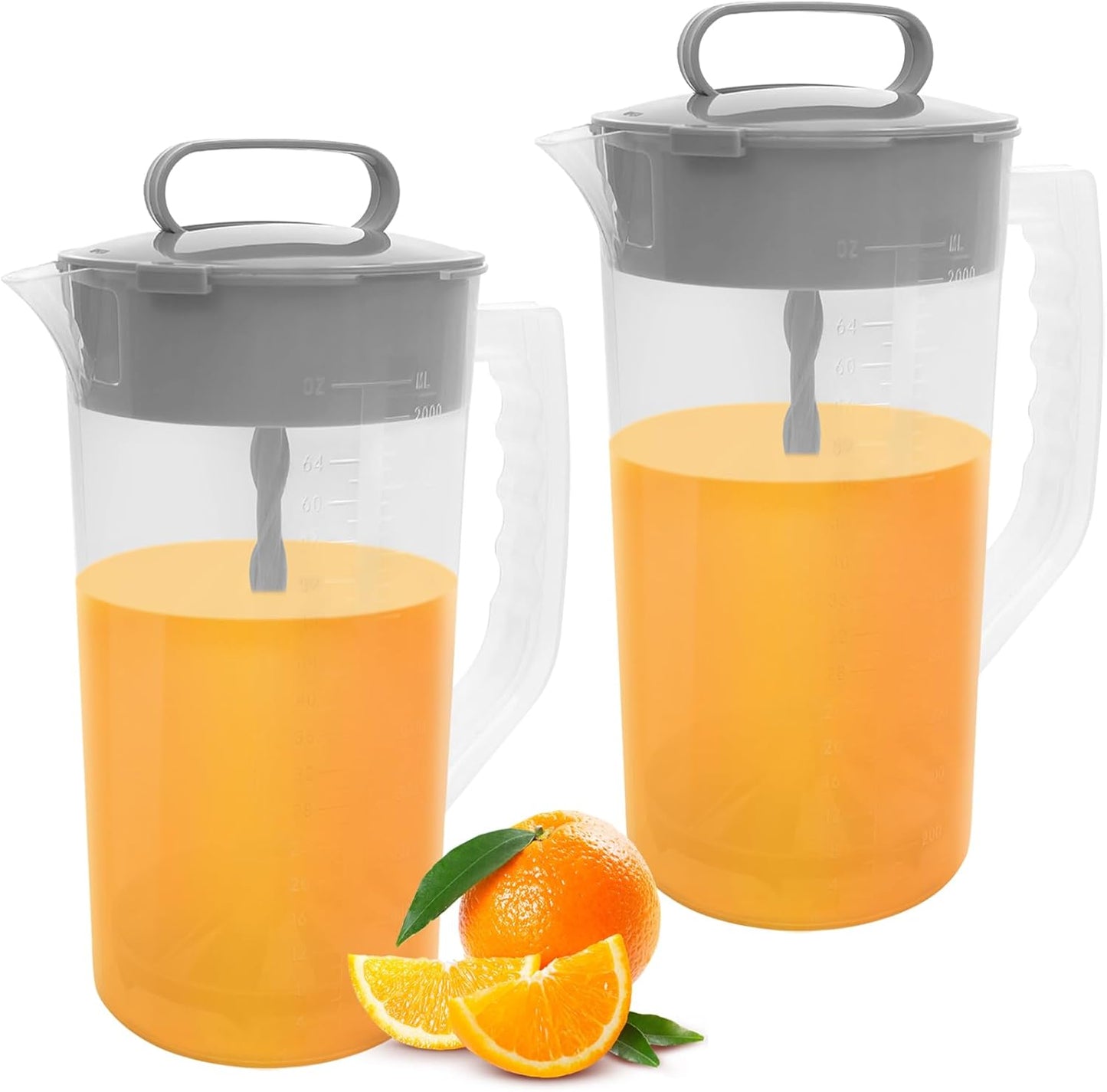 1 Pack Mixing Pitcher for Drinks, 2 Quart/ 64oz Plastic Water Pitcher with Lid，Easy-Mix Juice Container，Angled Plastic Blades and Adjustable Mixer Plunger for Mix Juice, Milk,Tea, Beverage Container…