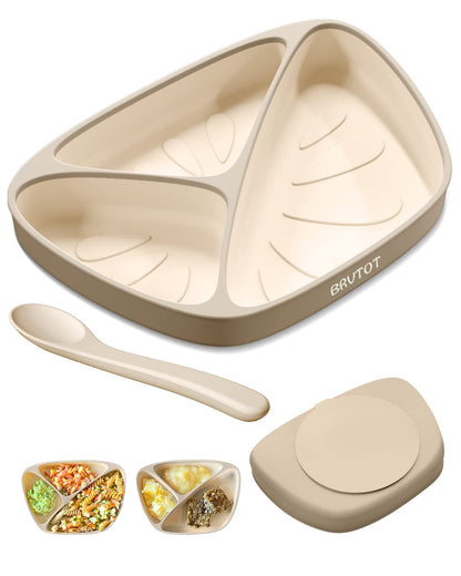 Toddler Suction Plates for Baby, Food Grade Platinum Silicone Baby Plates BPA Free, Divided Suction Toddler Plate Dishes and Spoon Set for Self Feeding, Deeper Design, Dishwasher Safe