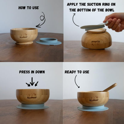 Bamboo Toddler Plate & Bowl Set with Strong Suction – Includes Plate, Bowl, Spoon & Fork – Baby Plates with Suction for Baby Led Weaning, Kids Feeding Essentials, Non-Toxic & BPA Free