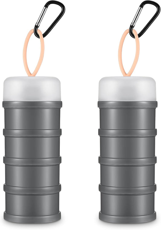 Baderke 2 Pcs Protein Powder Container with Funnels Stand, 4 Stackable Leakproof Protein Powder Dispenser, Portable Keychain Powder Container for Workout, Fitness, Travel(Gray, White)