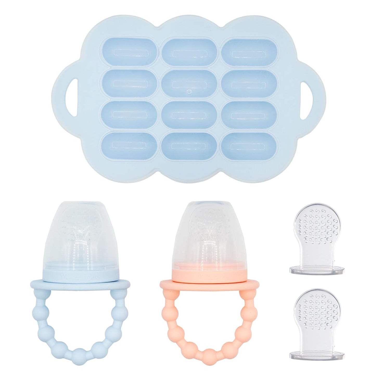 WeeSprout Baby Food Feeder Set - 2 Silicone Feeders & Reusable Freezer Tray with Lid - BPA-Free Fresh Fruit & Veggie Pacifier for Babies & Toddlers - Double as Teething Toys - Dishwasher Safe