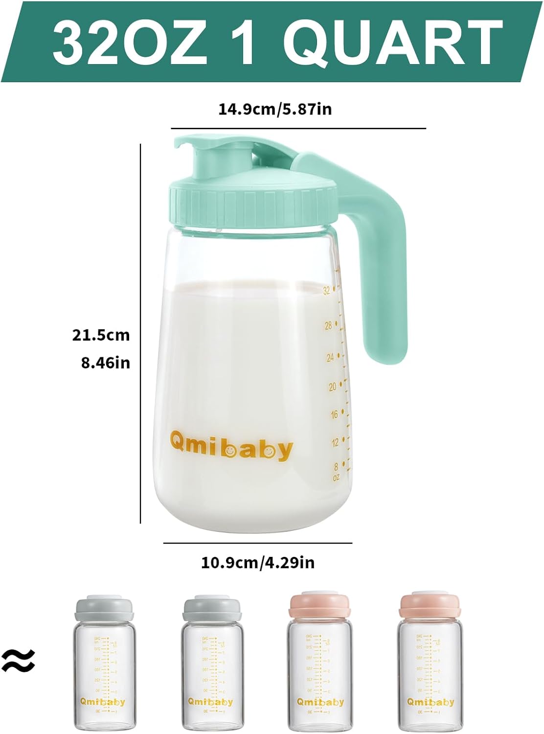Breast Milk Storage Pitcher 34oz, Borosilicate Glass Breast Milk Container with Leakproof Lid & Handle, BPA Free Fridge Freezer Safe Breastfeeding Essentials for New Mom (Green)