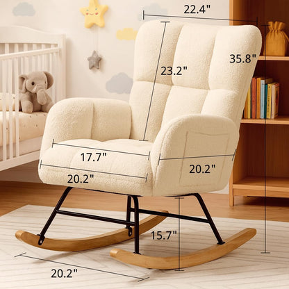 COMHOMA Nursery Rocking Chair with Ottoman,Teddy Glider Rocking Chair,Accent Chair with High Backrest Reading Chair for Adult,Nursery,Bedroom,Living Room,Offices(Beige with Ottoman)