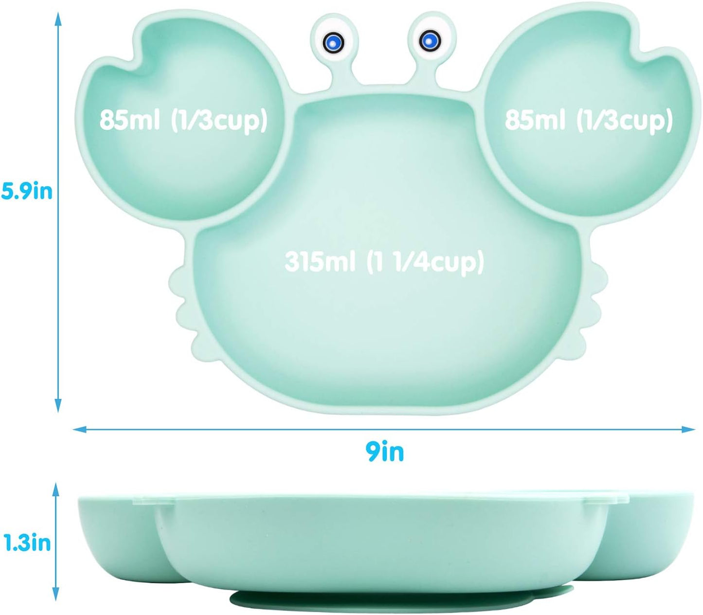 Silicone Suction Plate for Toddlers with Fork Spoon Set - Self Feeding Training Divided Plate Dish and Bowl for Baby and Toddler, Fits for Most Highchairs Trays (Green)
