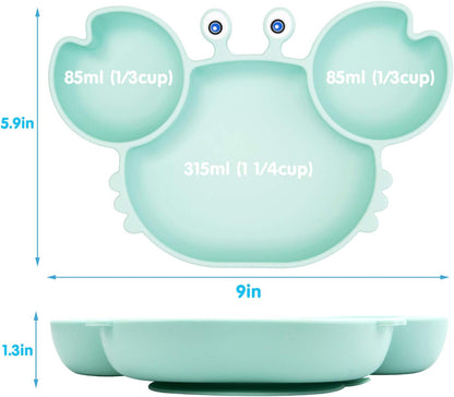 Silicone Suction Plate for Toddlers with Fork Spoon Set - Self Feeding Training Divided Plate Dish and Bowl for Baby and Toddler, Fits for Most Highchairs Trays (Green)
