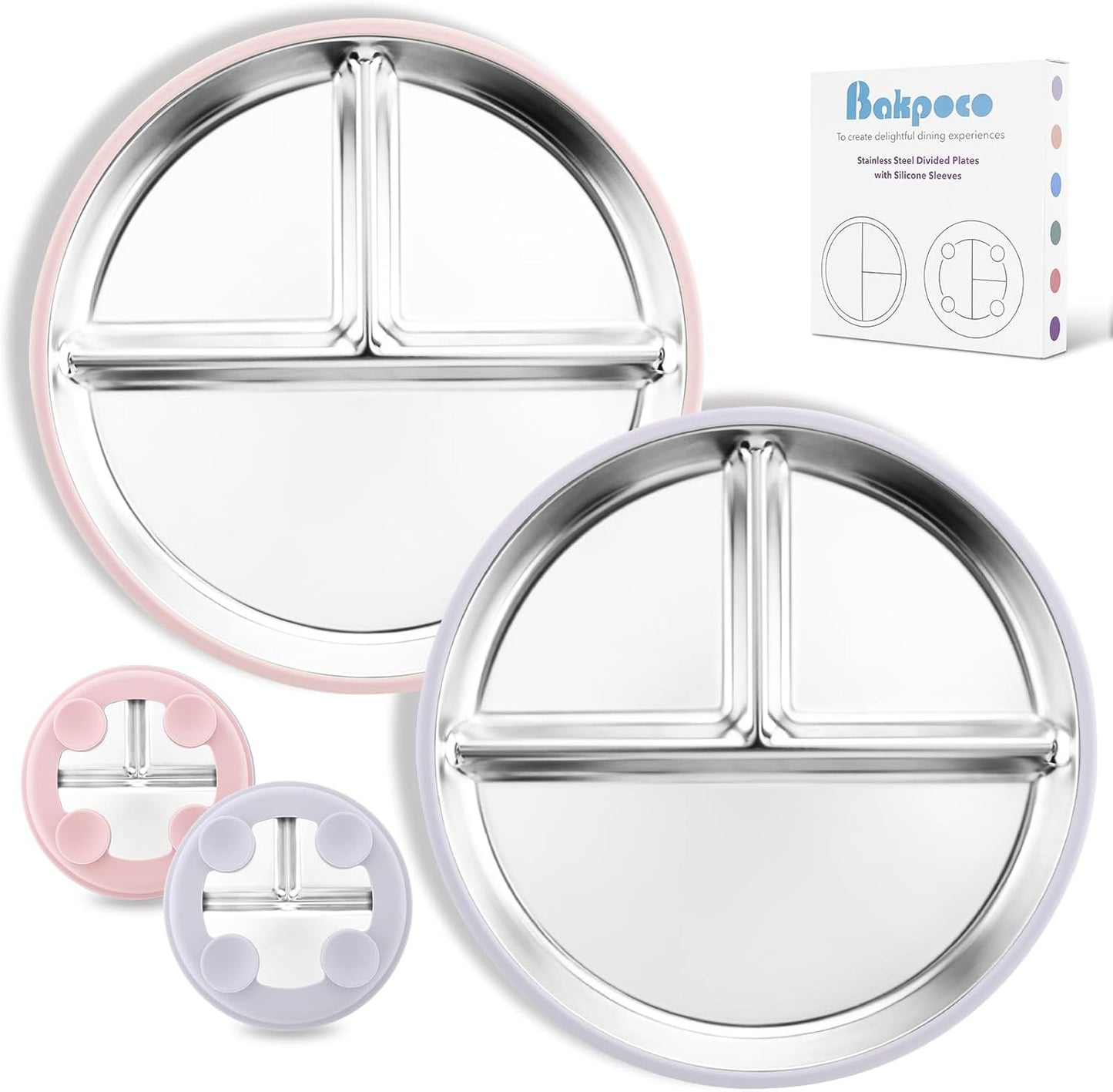 Bakpoco Stainless Steel Toddler Plate with Suction, 9” Divided Plates with Removable Silicone Sleeves for Kids, Non Toxic & BPA Free | Non Slip | Unbreakable Baby Snack Dishes Set of 2, Blue & Gray