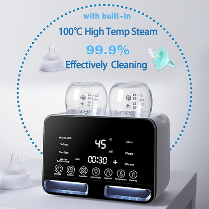 Baby Bottle Warmer All Bottles Water Bath Warming 48H Constant Thermostat Mode, 10-in-1 Milk Warmer Steamer, Preset, Defrost, Double Bottle Warmer Twins for Breastmilk Formula, Heat Baby Food
