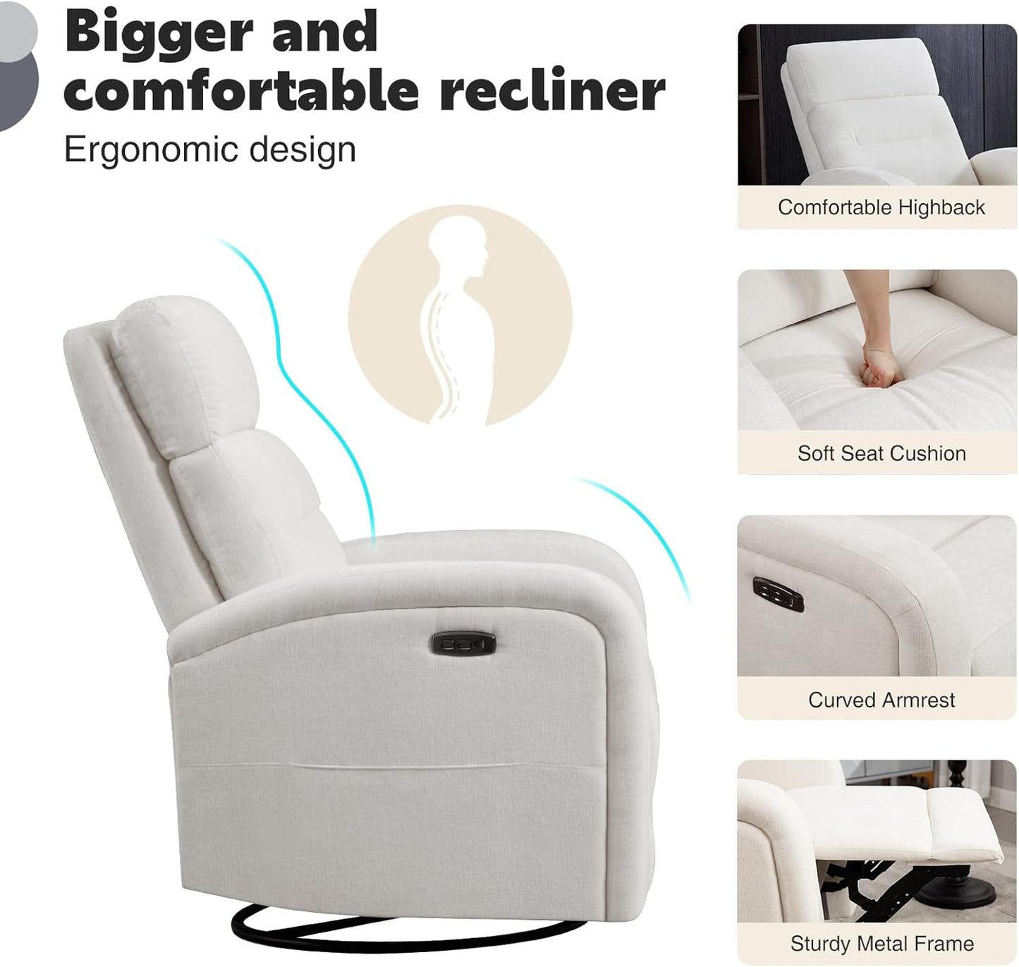 Power Swivel Rocker Recliner Chair for Nursery, Swivel Reclining Rocking Chairs, Electric Glider for Living Room, Upholstered Recliner Chairs for Bedroom, Corduroy White