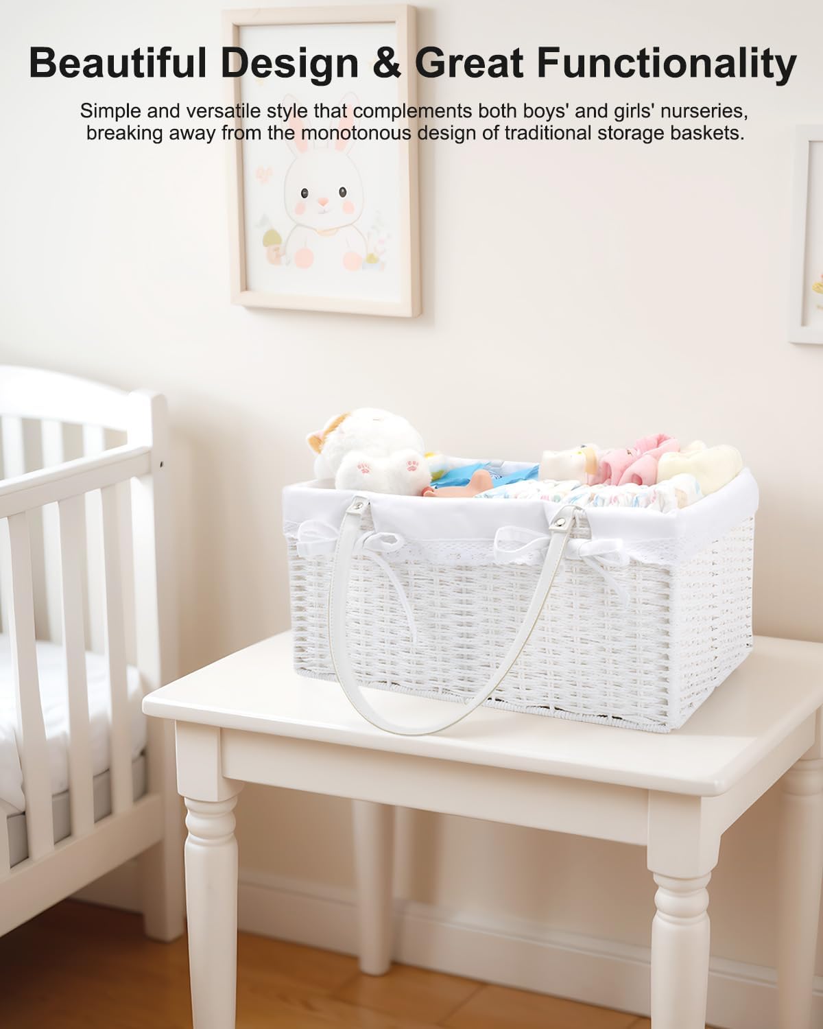 Large Baby Diaper Caddy Basket - Wicker Paper Rope Storage Baskets Portable Woven Car Organizer for Diapers With Cotton Divider Brown