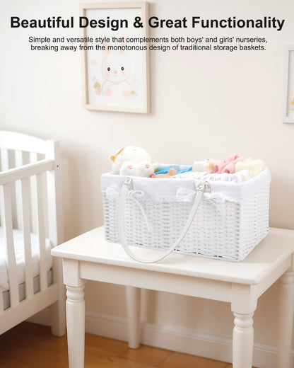 Large Baby Diaper Caddy Basket - Wicker Paper Rope Storage Baskets Portable Woven Car Organizer for Diapers With Cotton Divider Brown