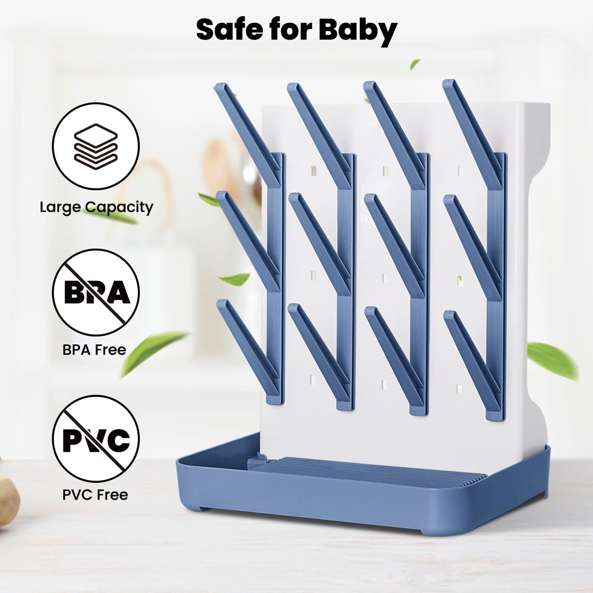 Baby Bottle Drying Rack: Vertical Space Saving Large Bottles Holder - Standing Boon Dryer Rack Baby Accessory - Countertop Holds Up to 12 Bottles & Pump Part Cleaning & Cup (Blue) (Gray)