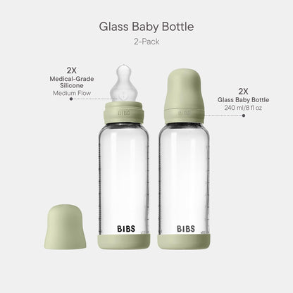 BIBS Glass Baby Bottles 2-Pack, 4 Oz. Anti-Colic System for Gas Reduction. Vented Round Silicone Nipple. Supports Infant and Newborn Breastfeeding - 120 ml (Pack of 2), Sage